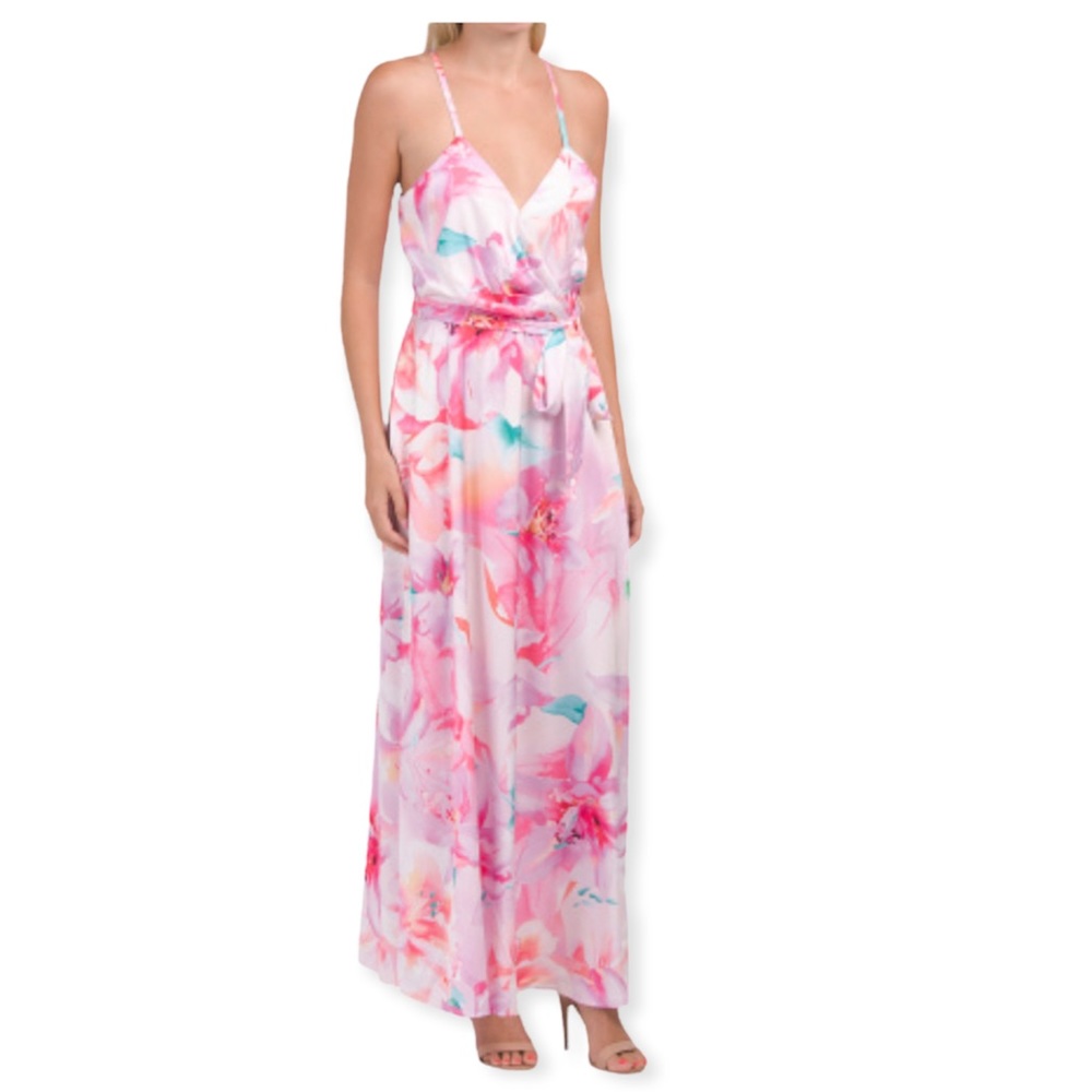 Nicole‎ Miller New York Satin Floral Print Wrap Maxi Dress